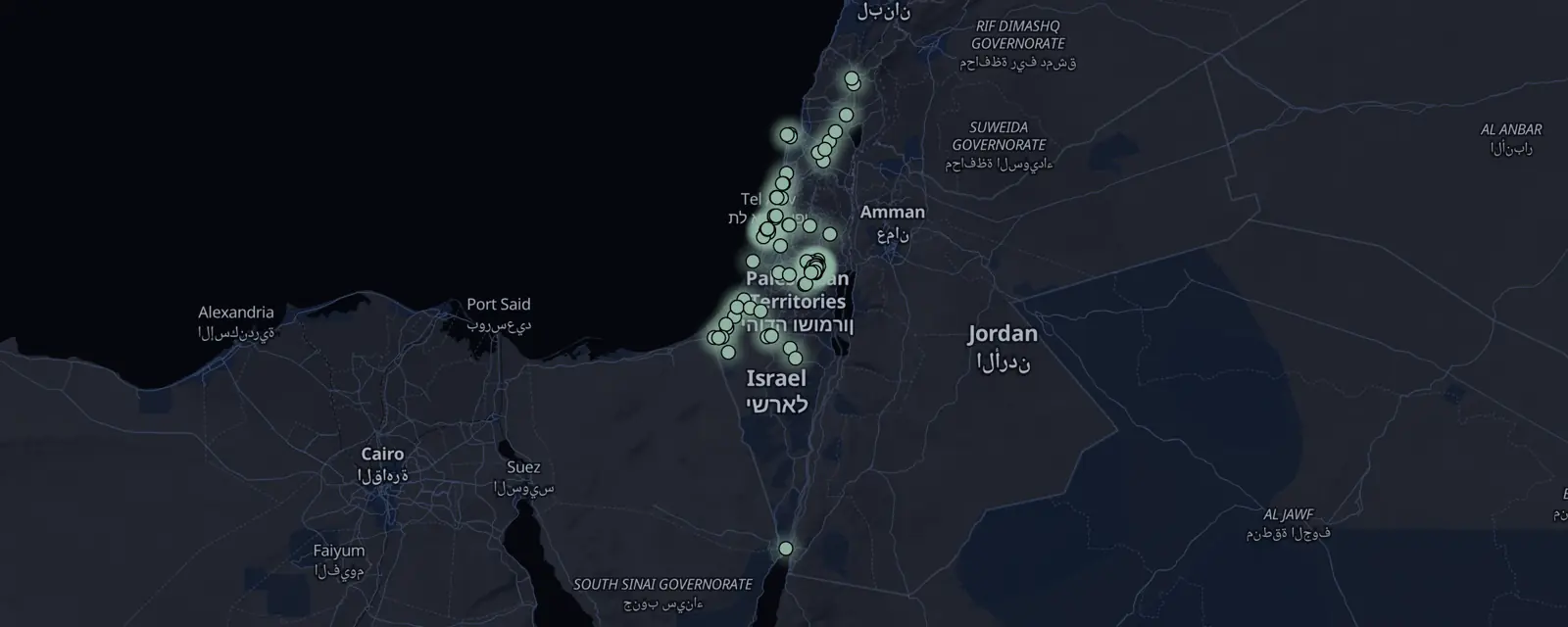 Map of the 99 case files in Israel, pinned by legal status