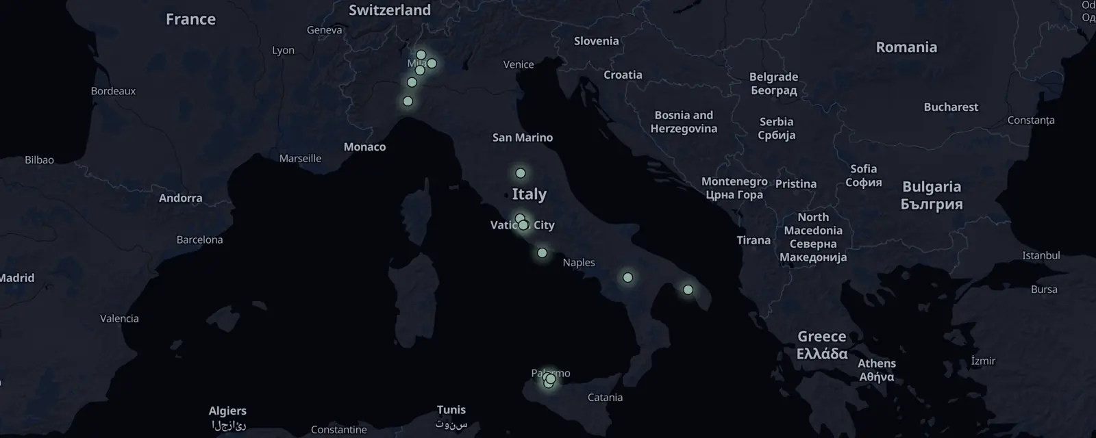 Map of the 15 case files in Italy, pinned by legal status