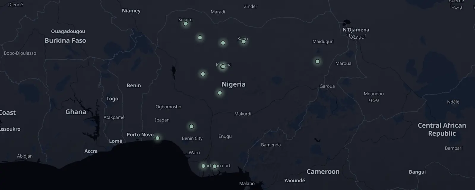 Map of the 13 case files in Nigeria, pinned by legal status