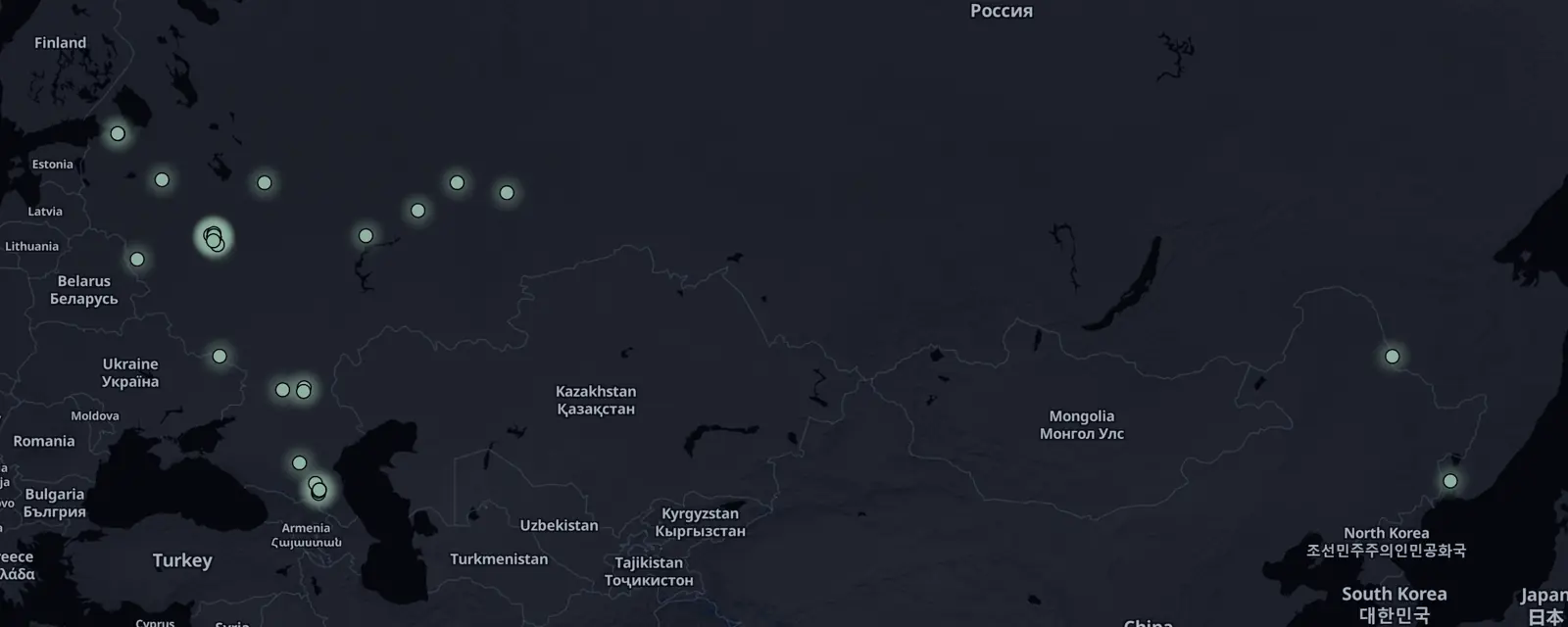 Map of the 36 case files in Russia, pinned by legal status