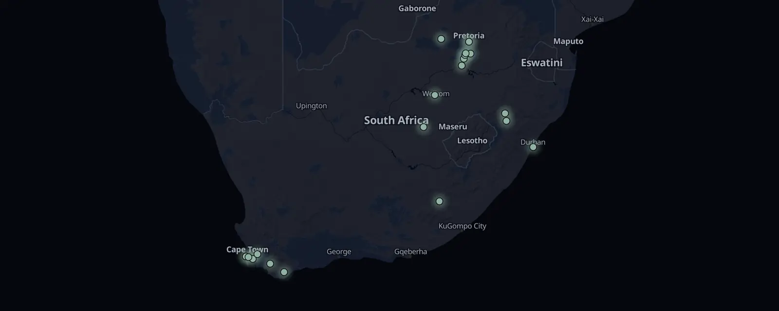Map of the 20 case files in South Africa, pinned by legal status