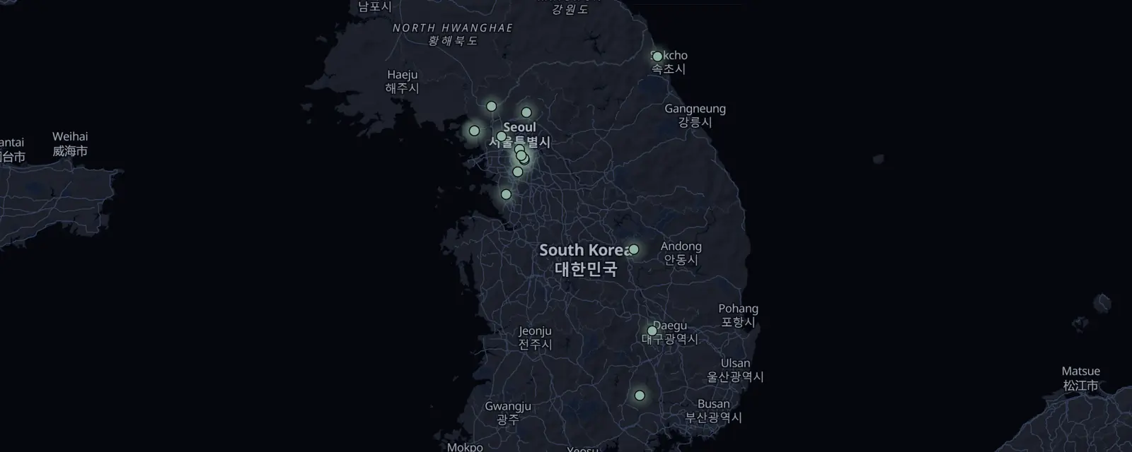 Map of the 16 case files in South Korea, pinned by legal status