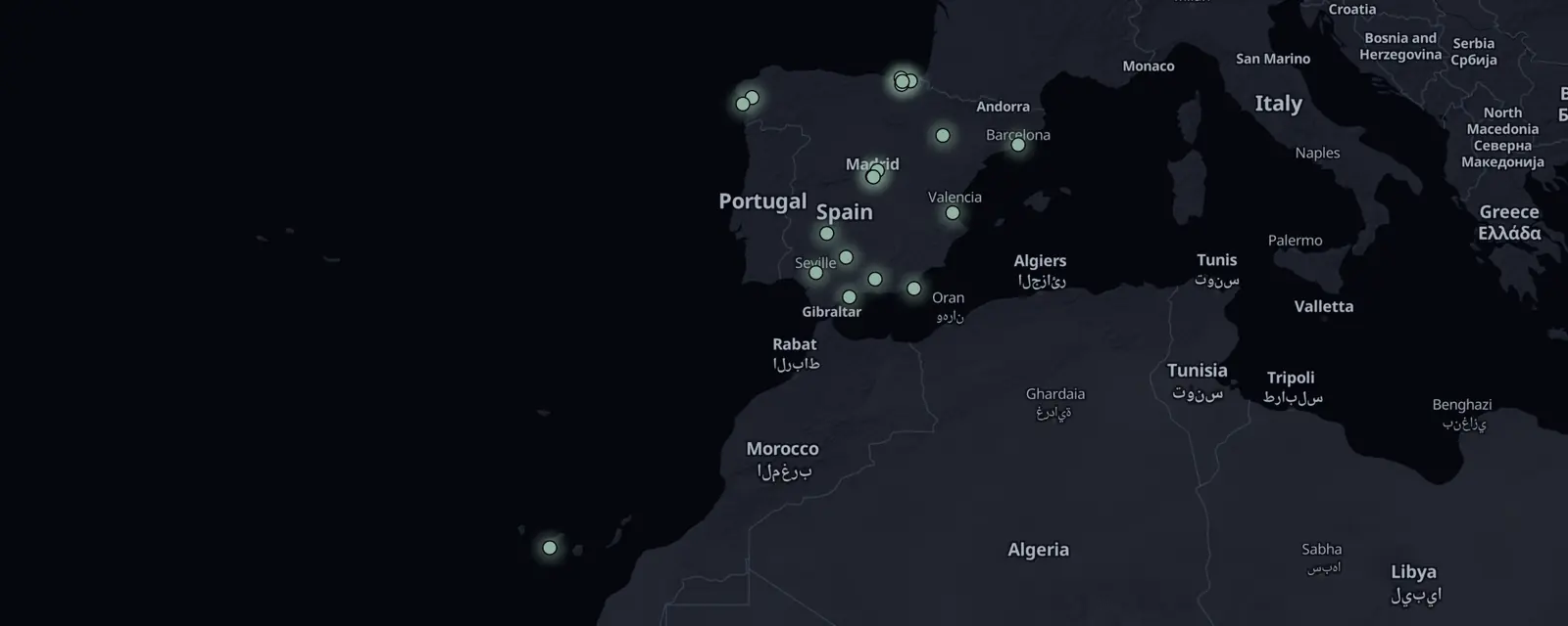 Map of the 19 case files in Spain, pinned by legal status
