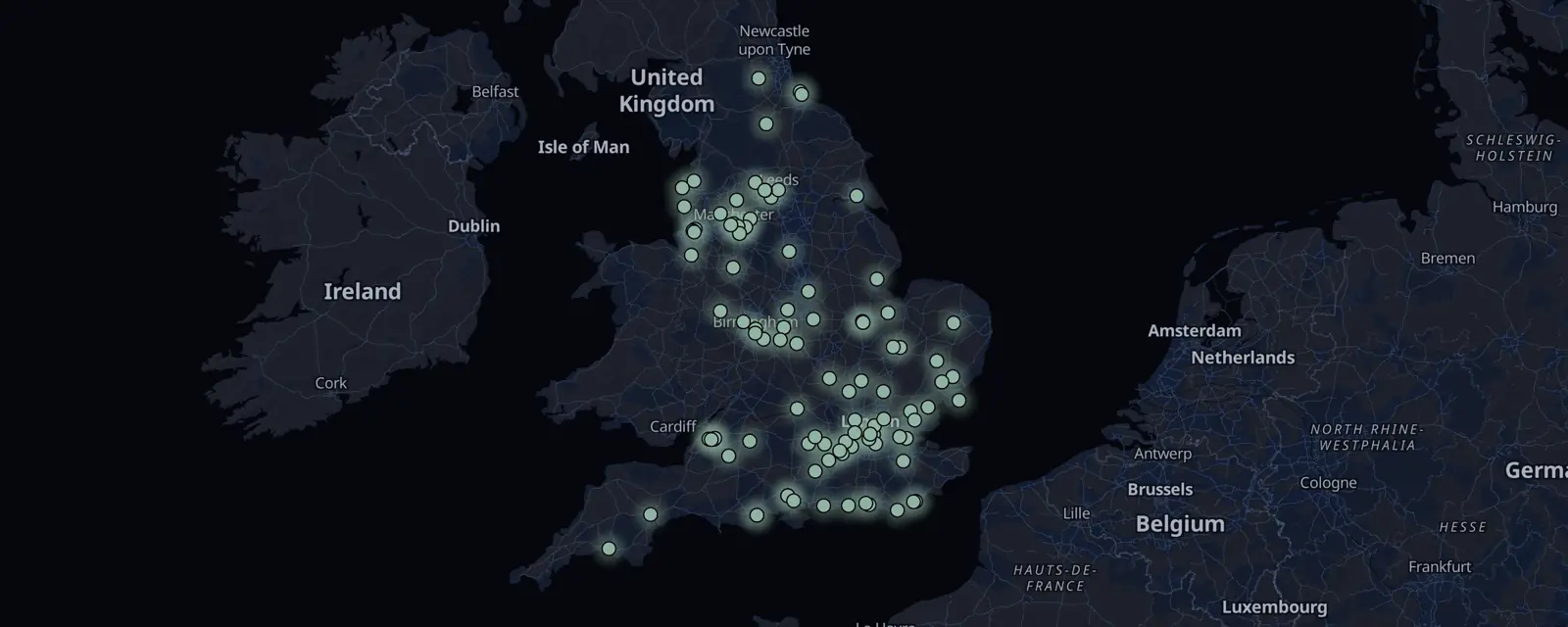 Map of the 99 case files in England, pinned by legal status