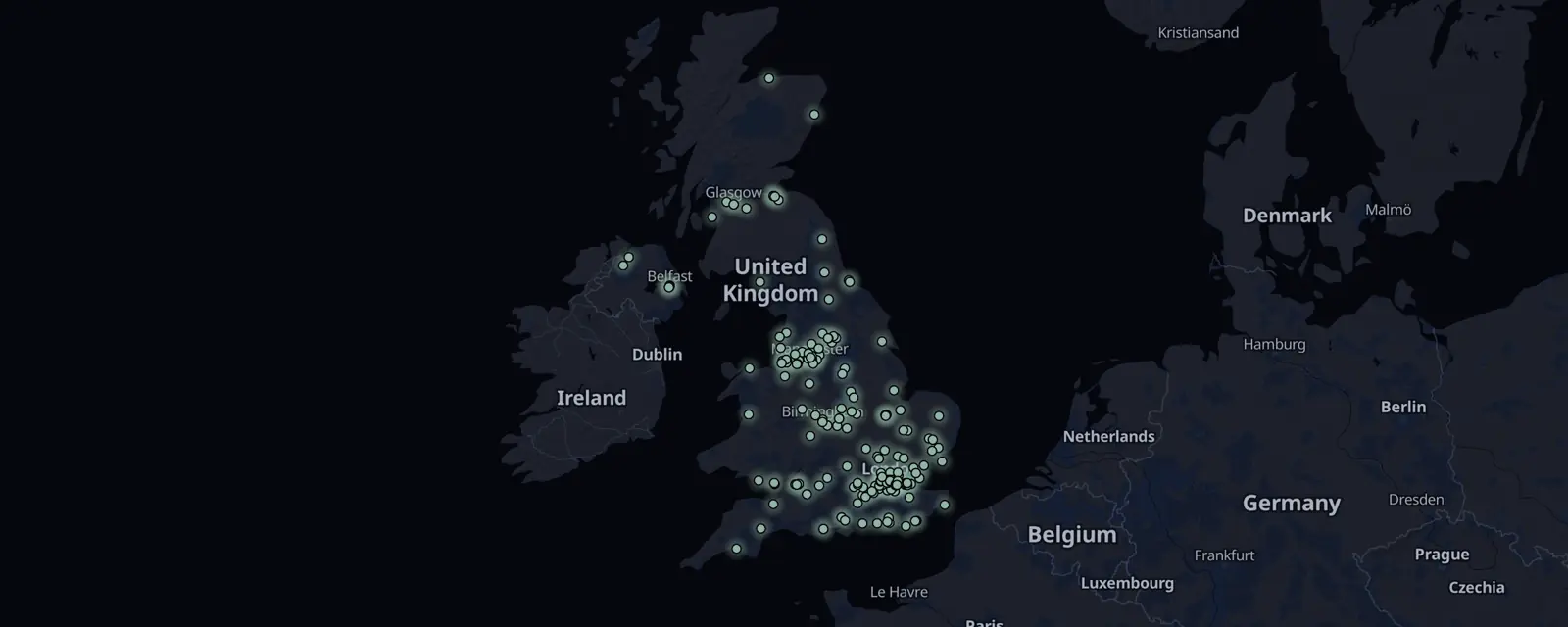 Map of the 203 case files in the UK, pinned by legal status