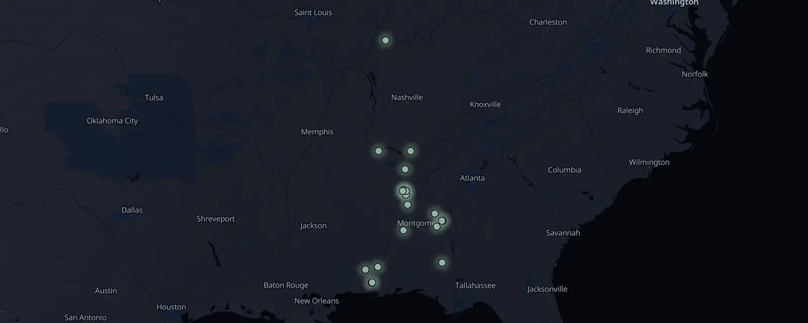 Map of the 20 case files in Alabama, pinned by legal status