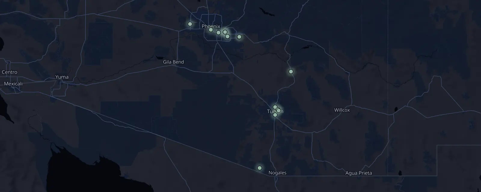 Map of the 14 case files in Arizona, pinned by legal status