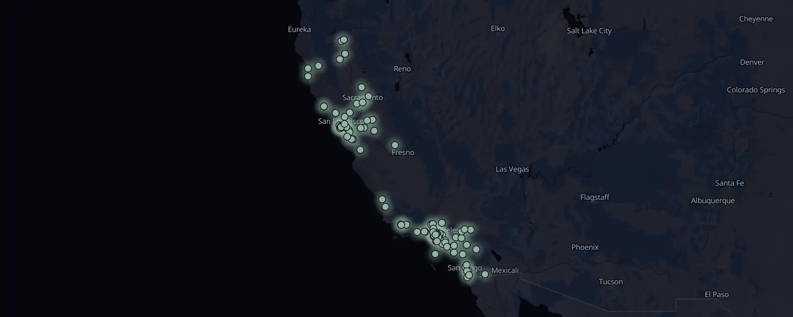 Map of the 107 case files in California, pinned by legal status