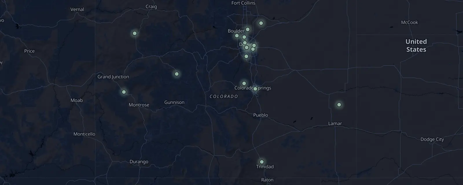 Map of the 17 case files in Colorado, pinned by legal status