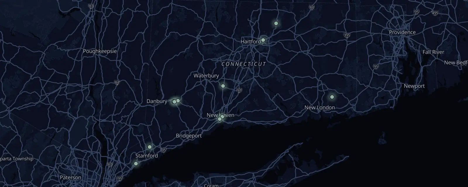 Map of the 11 case files in Connecticut, pinned by legal status