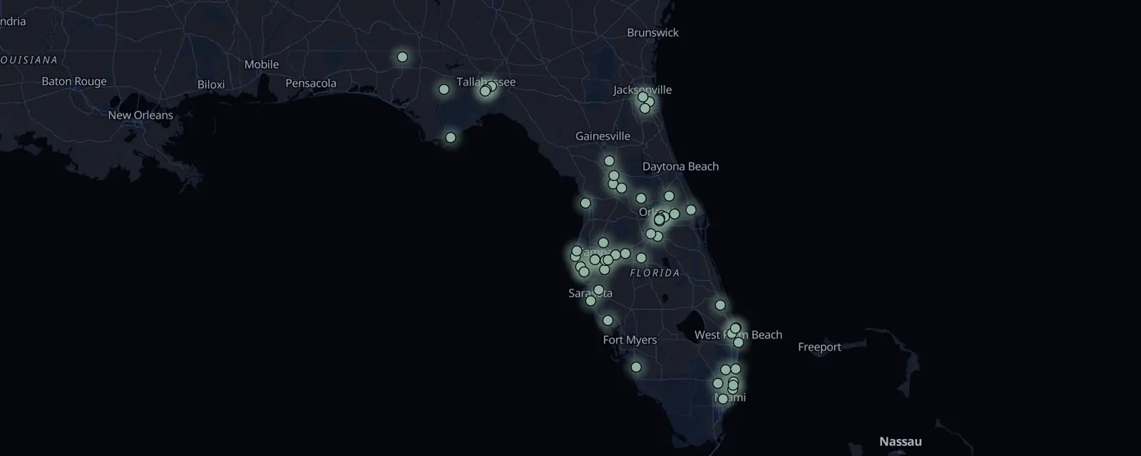 Map of the 58 case files in Florida, pinned by legal status