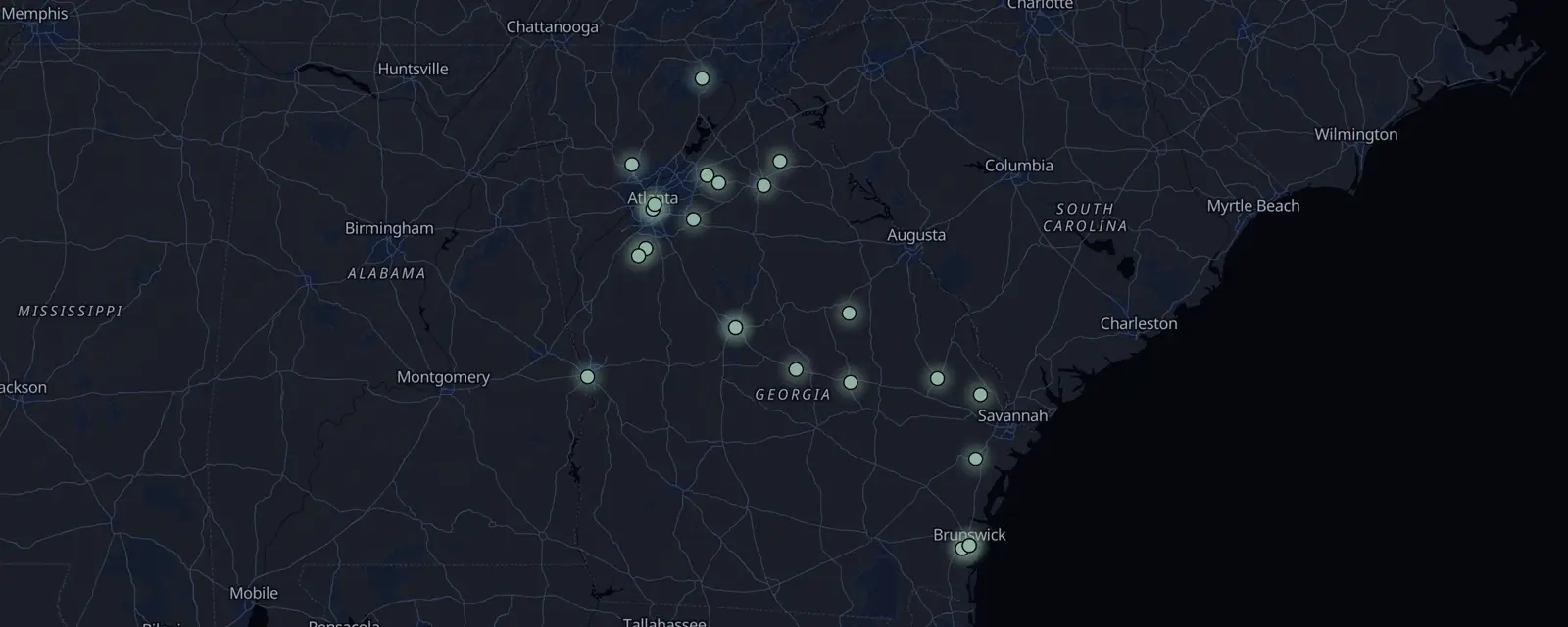 Map of the 24 case files in Georgia, pinned by legal status