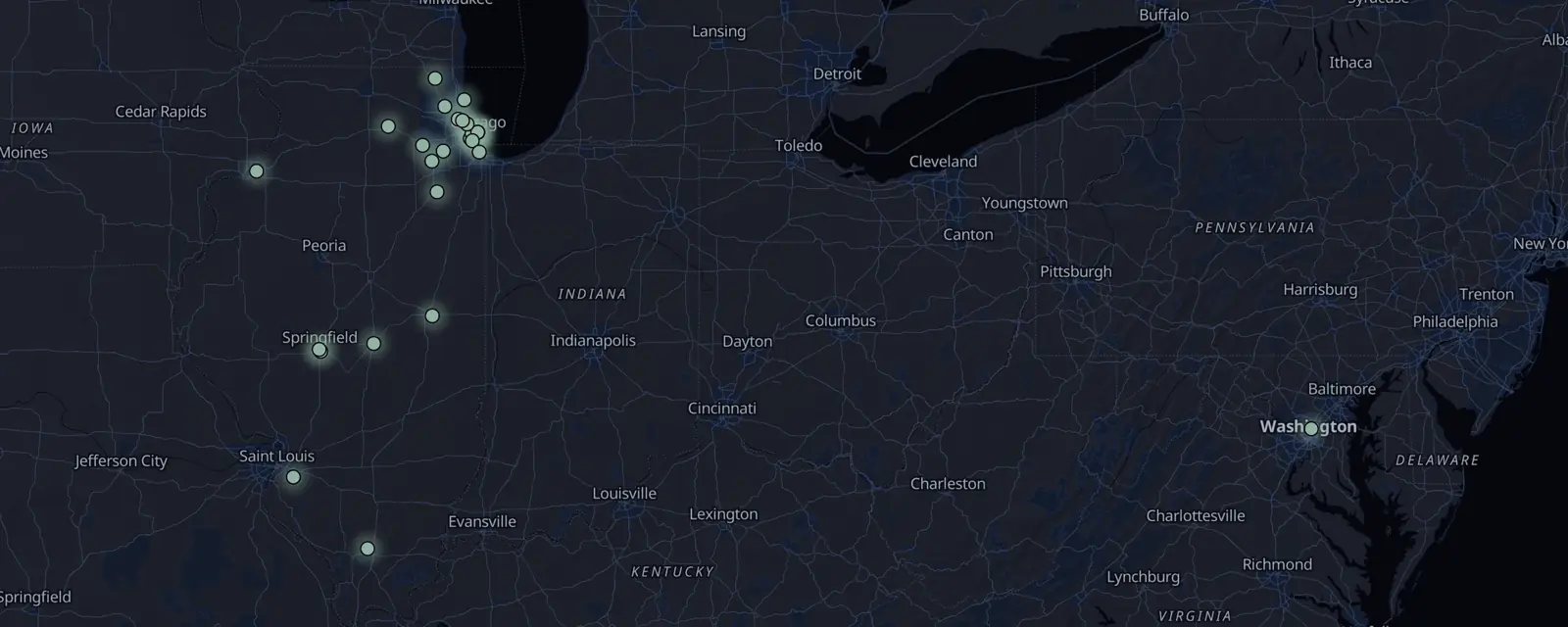 Map of the 28 case files in Illinois, pinned by legal status