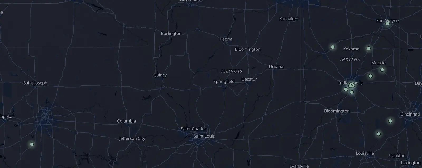 Map of the 13 case files in Indiana, pinned by legal status