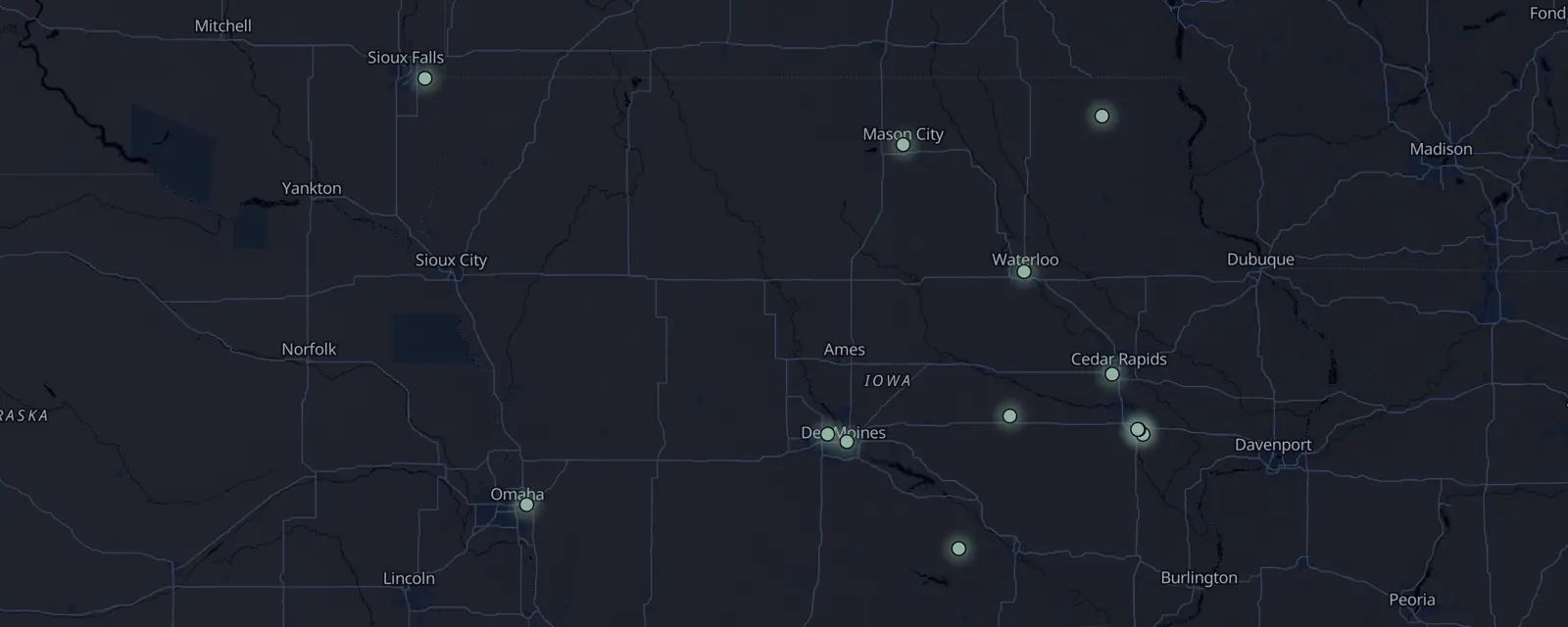 Map of the 13 case files in Iowa, pinned by legal status