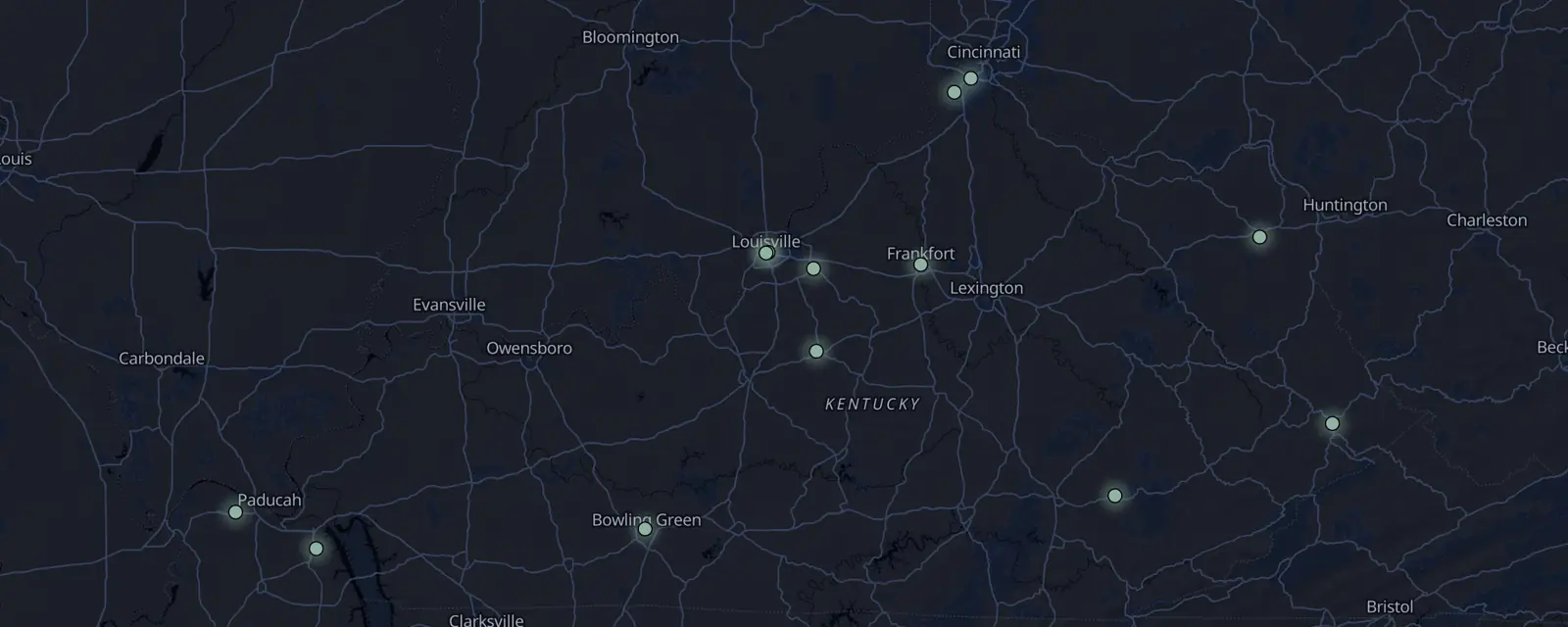 Map of the 13 case files in Kentucky, pinned by legal status