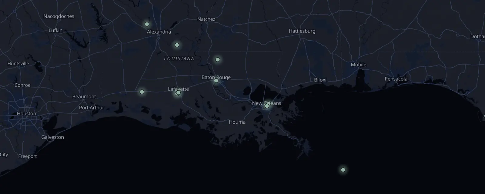 Map of the 10 case files in Louisiana, pinned by legal status