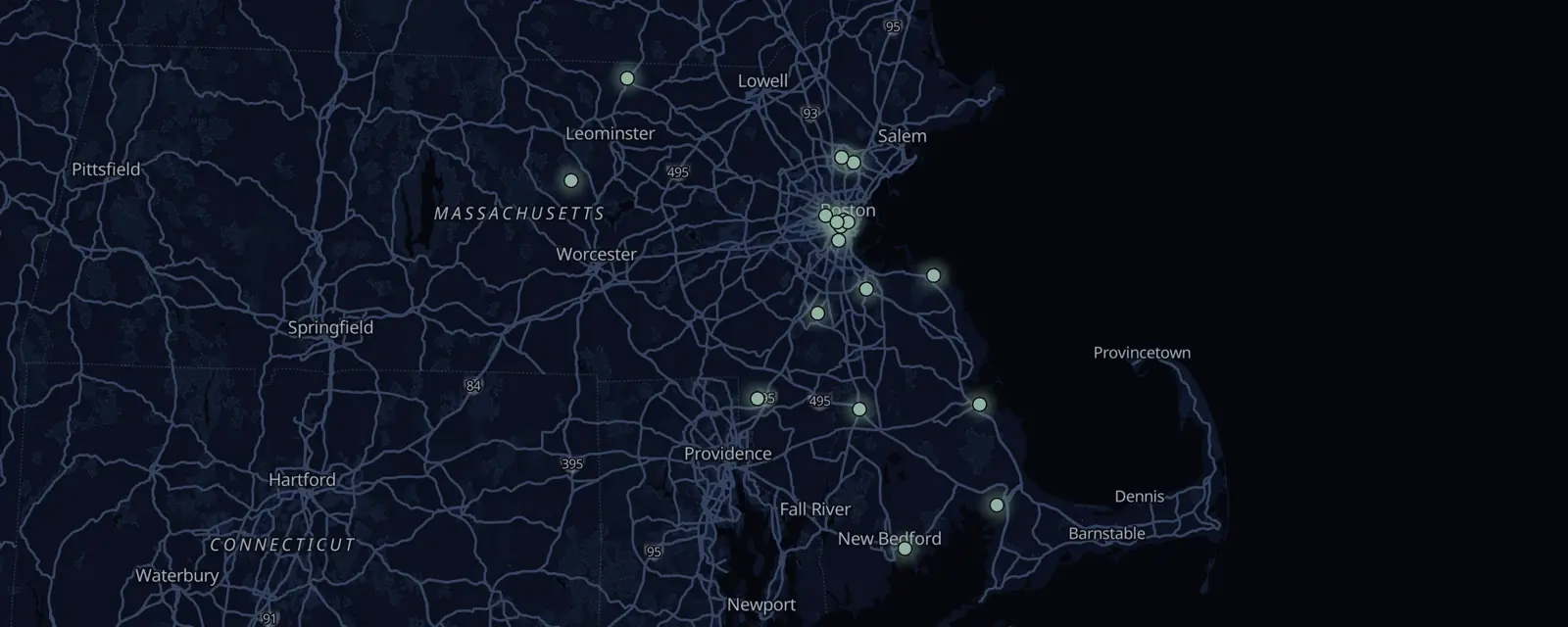 Map of the 18 case files in Massachusetts, pinned by legal status