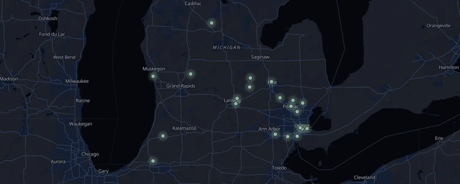 Map of the 21 case files in Michigan, pinned by legal status