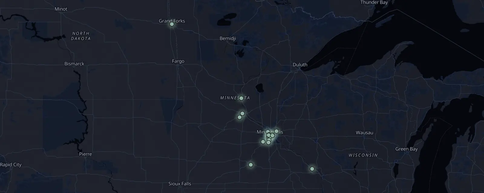 Map of the 19 case files in Minnesota, pinned by legal status