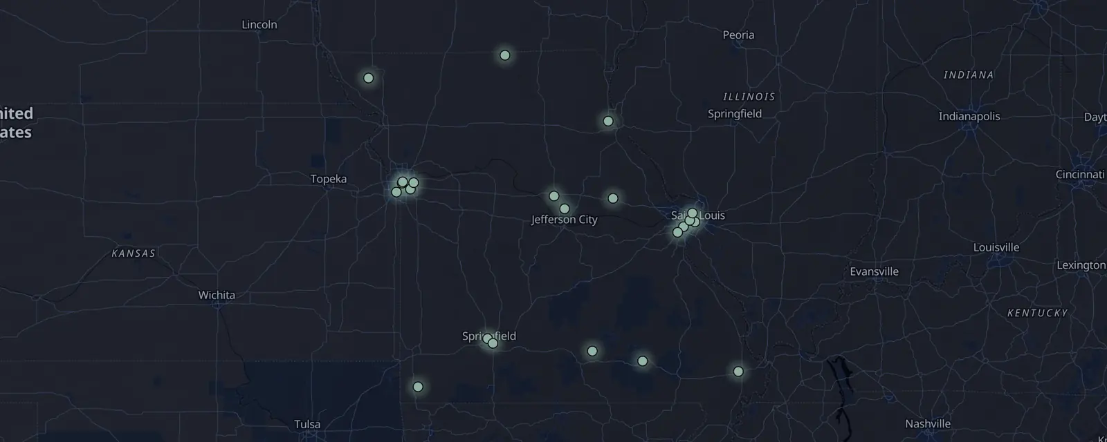 Map of the 22 case files in Missouri, pinned by legal status
