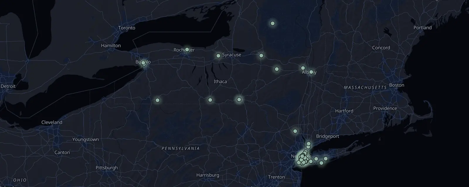 Map of the 61 case files in New York, pinned by legal status