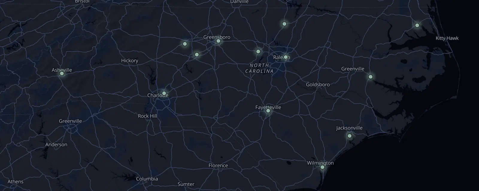 Map of the 13 case files in North Carolina, pinned by legal status