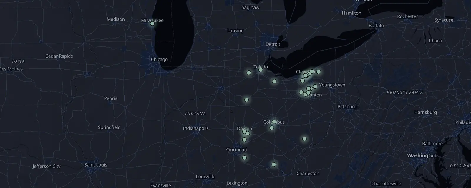 Map of the 28 case files in Ohio, pinned by legal status