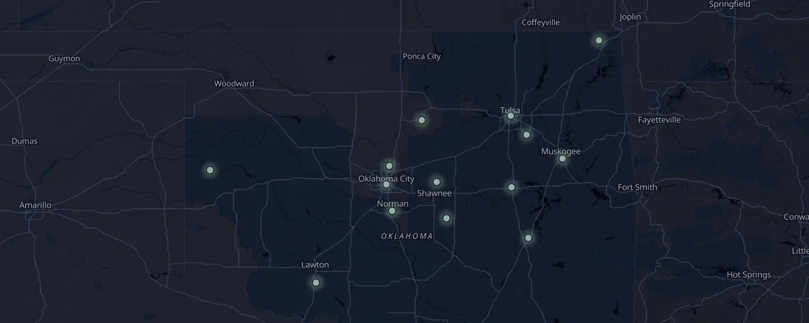 Map of the 14 case files in Oklahoma, pinned by legal status