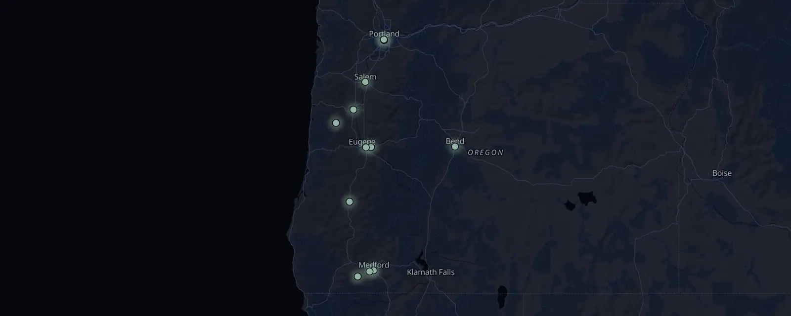 Map of the 12 case files in Oregon, pinned by legal status