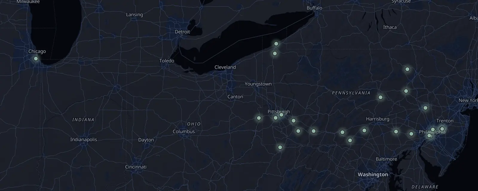 Map of the 24 case files in Pennsylvania, pinned by legal status
