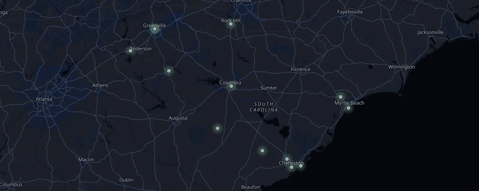 Map of the 13 case files in South Carolina, pinned by legal status