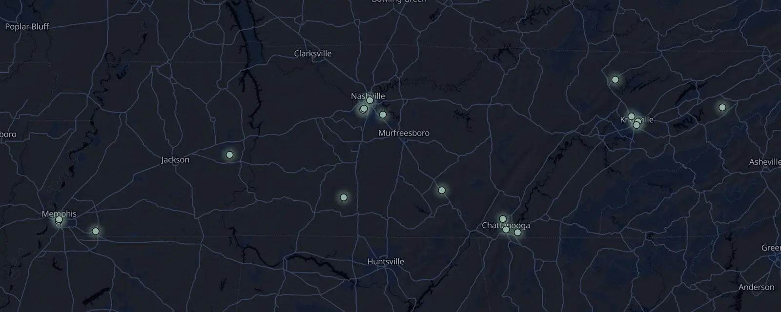 Map of the 18 case files in Tennessee, pinned by legal status