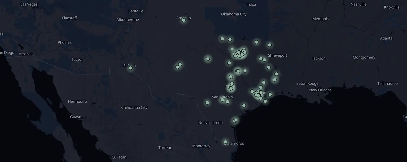 Map of the 79 case files in Texas, pinned by legal status