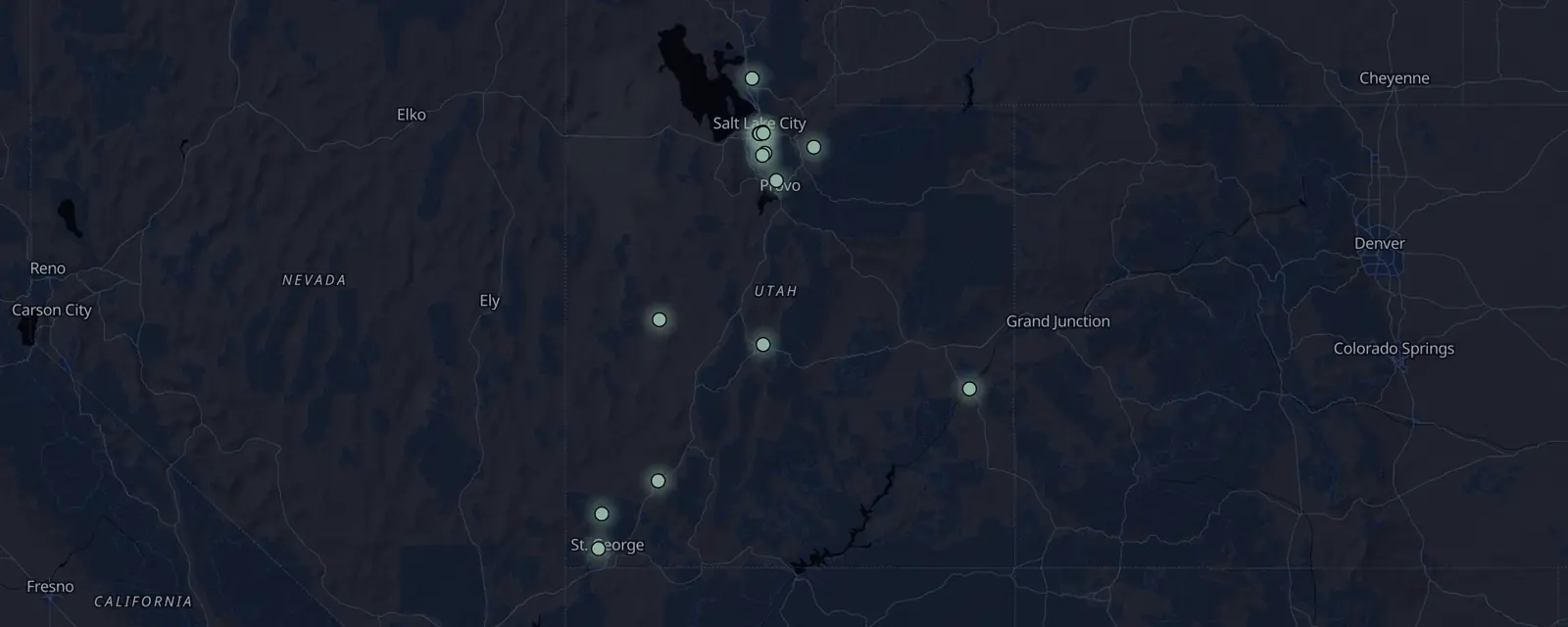 Map of the 15 case files in Utah, pinned by legal status