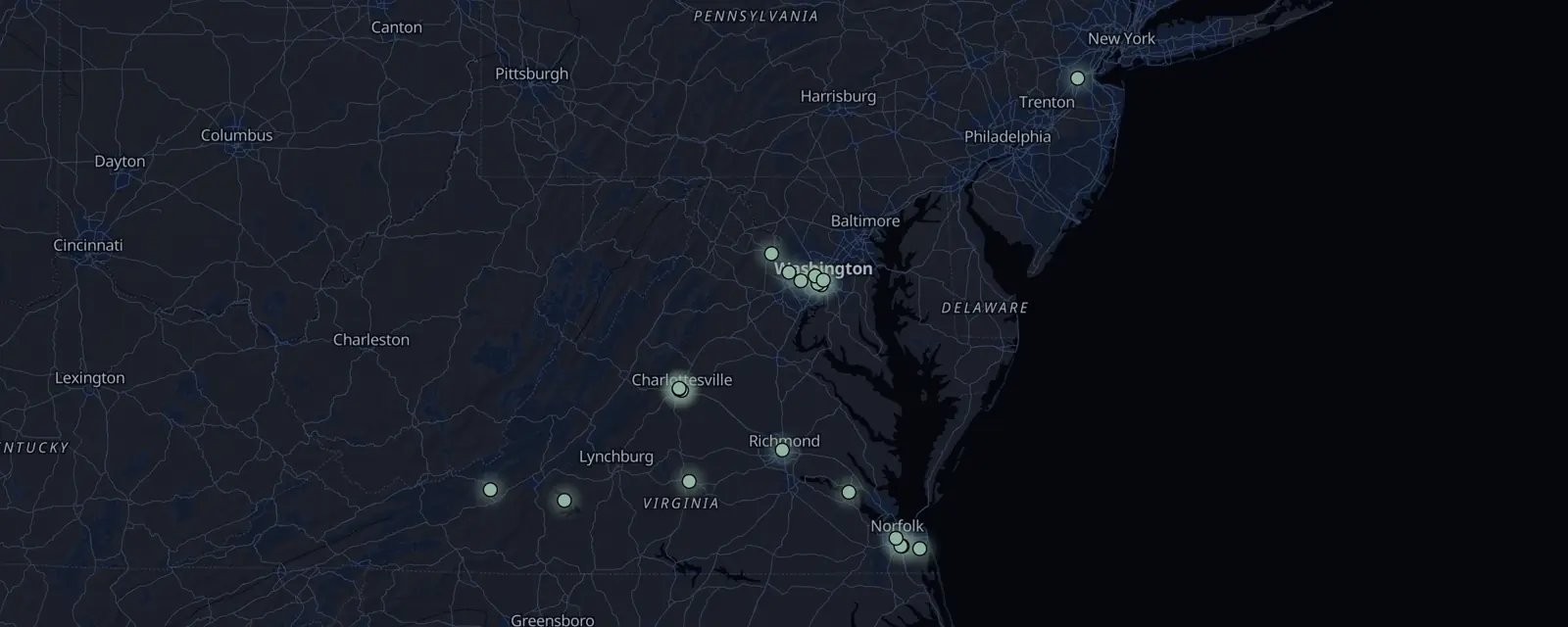 Map of the 21 case files in Virginia, pinned by legal status