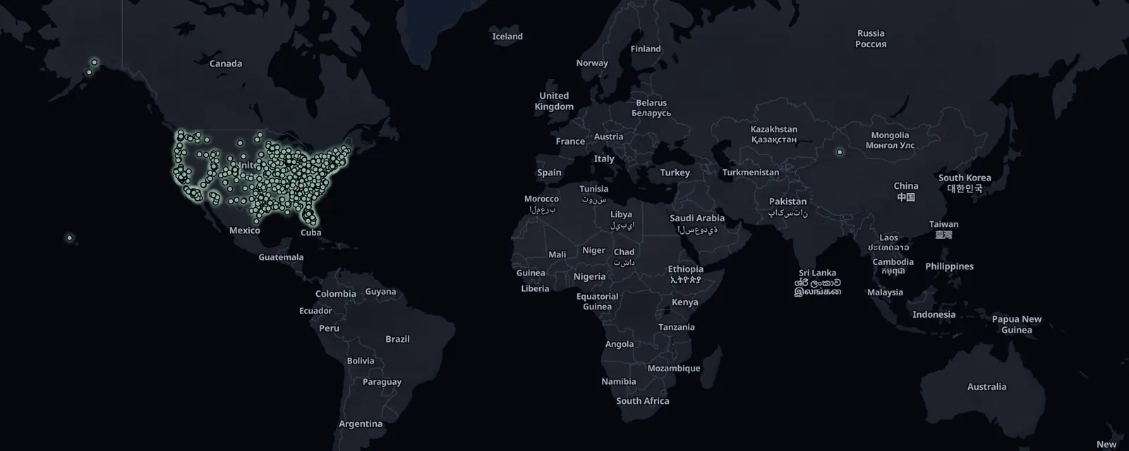 Map of the 861 case files in the US, pinned by legal status