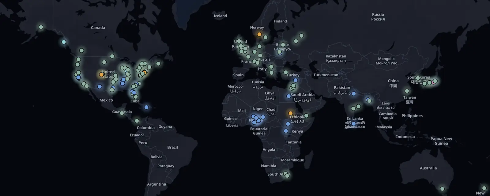 Map of the 129 case files on this page, pinned by legal status