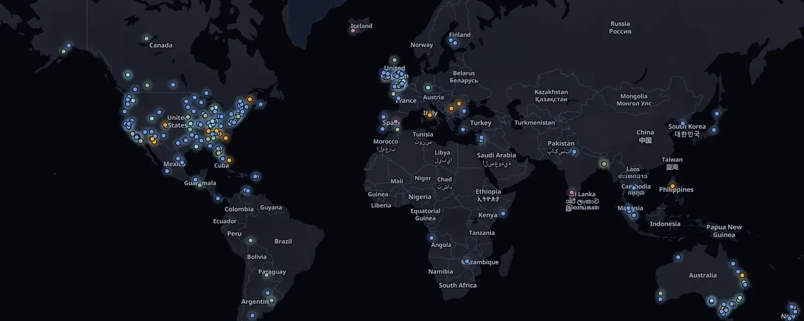 Map of the 219 case files on this page, pinned by legal status