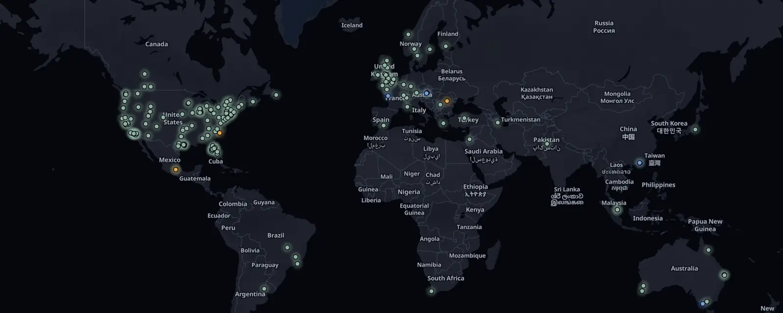 Map of the 173 case files on this page, pinned by legal status