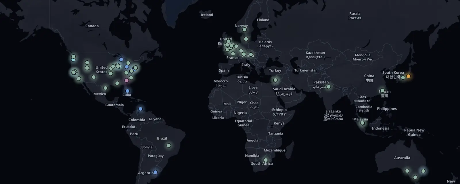 Map of the 65 case files on this page, pinned by legal status