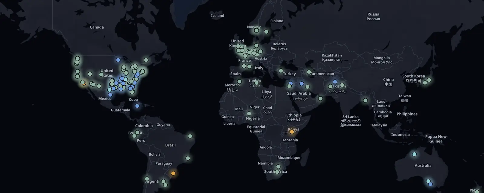 Map of the 136 case files on this page, pinned by legal status