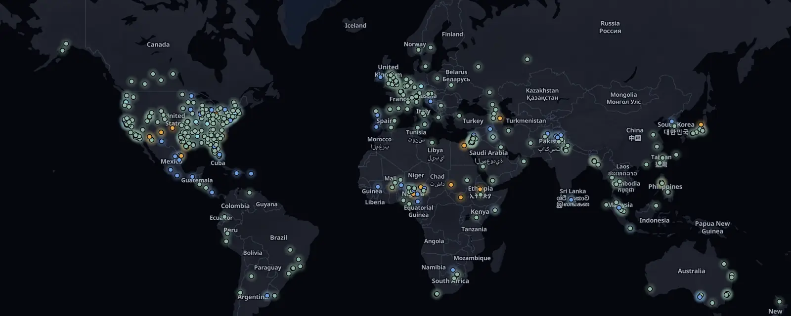 Map of the 466 case files on this page, pinned by legal status