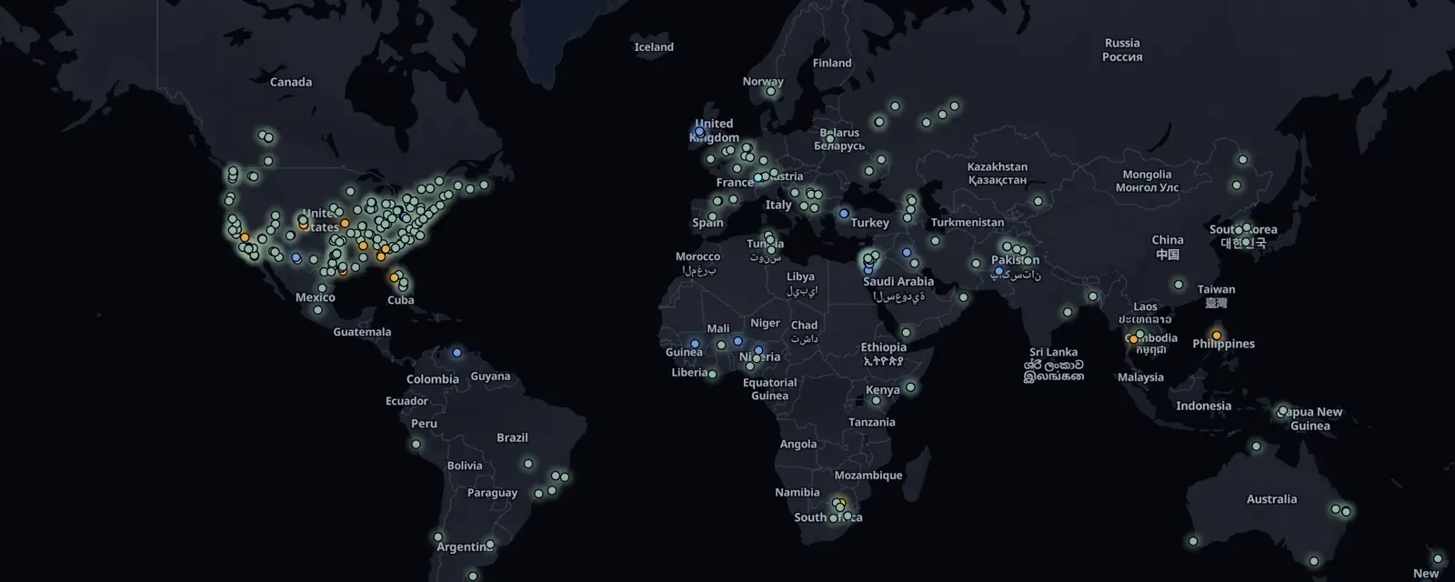 Map of the 299 case files on this page, pinned by legal status