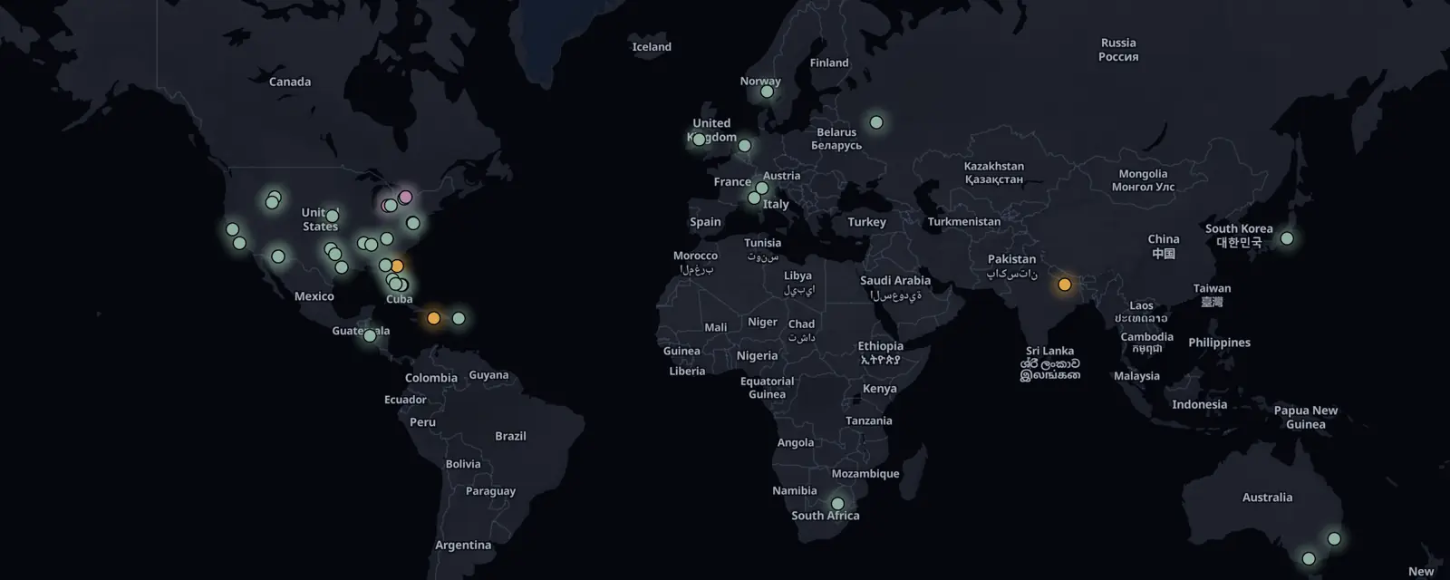 Map of the 40 case files on this page, pinned by legal status