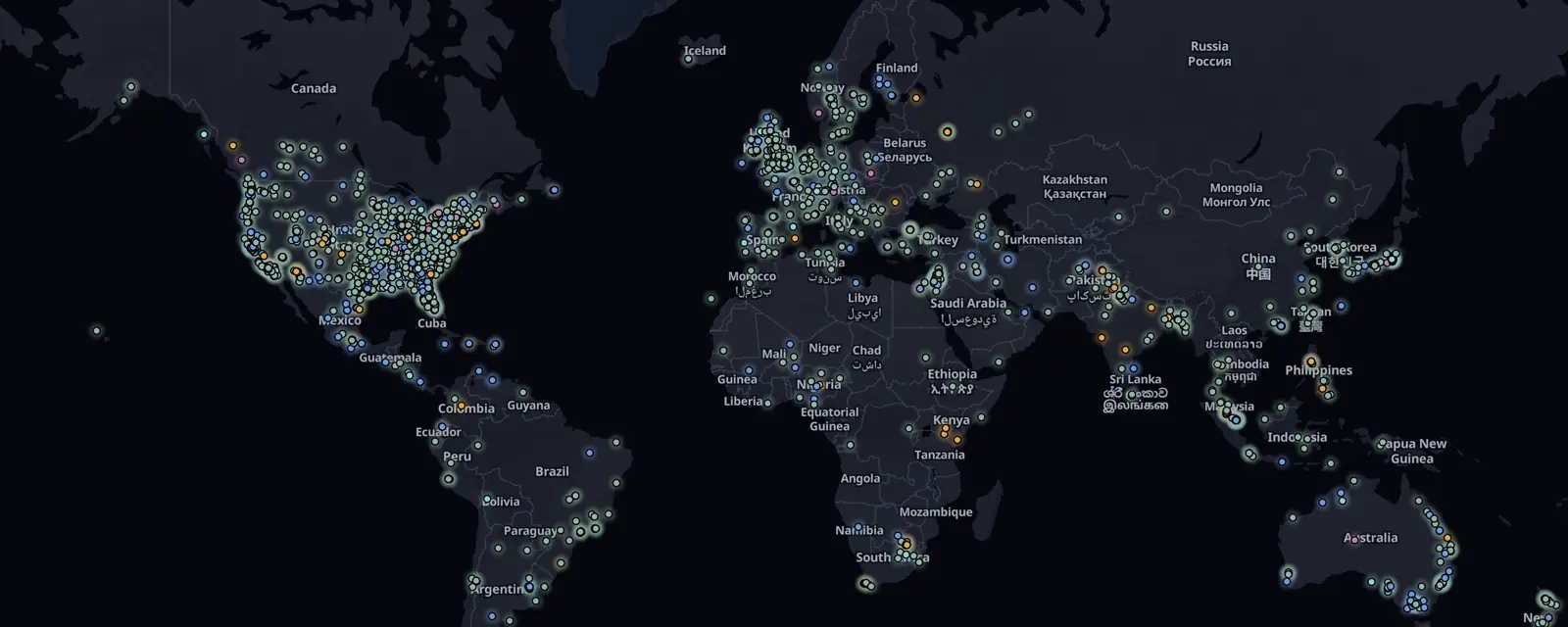 Map of the 2043 case files on this page, pinned by legal status