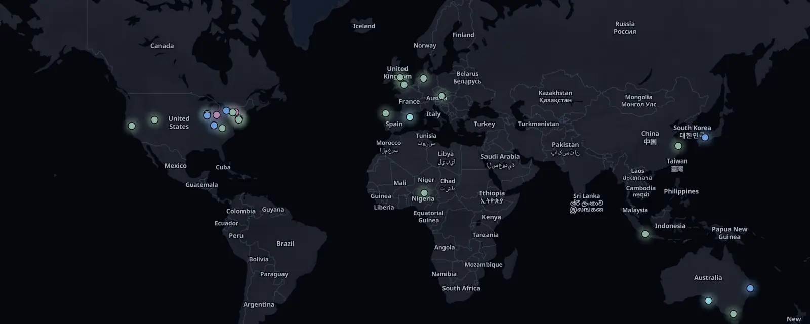 Map of the 26 case files on this page, pinned by legal status
