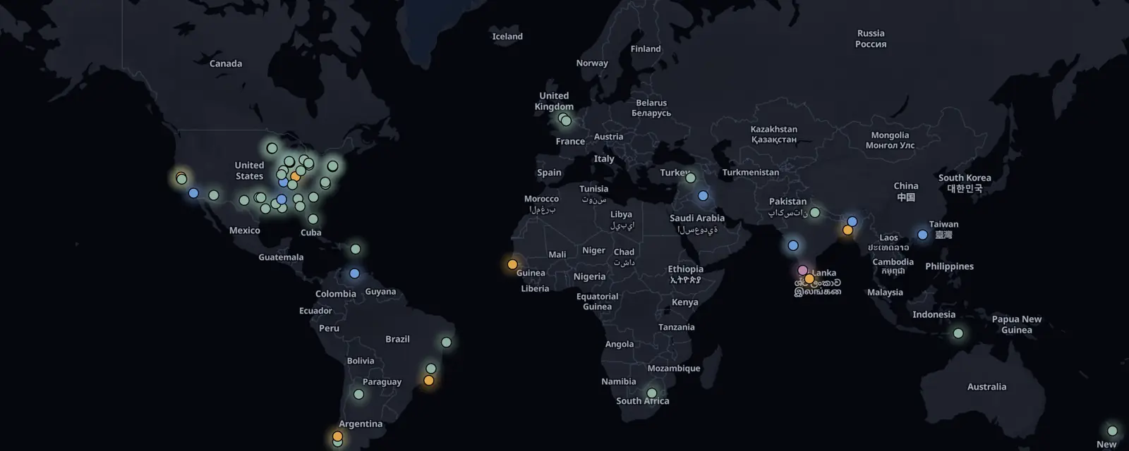 Map of the 64 case files on this page, pinned by legal status