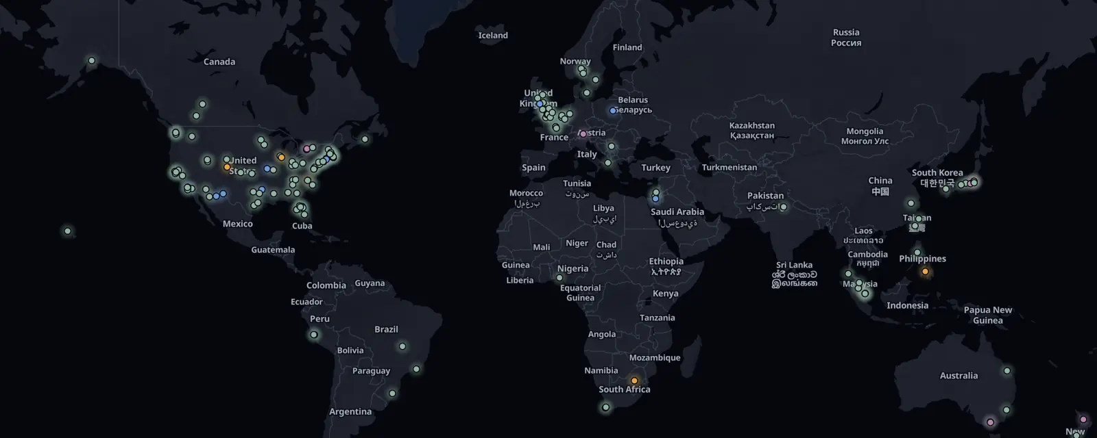Map of the 161 case files on this page, pinned by legal status