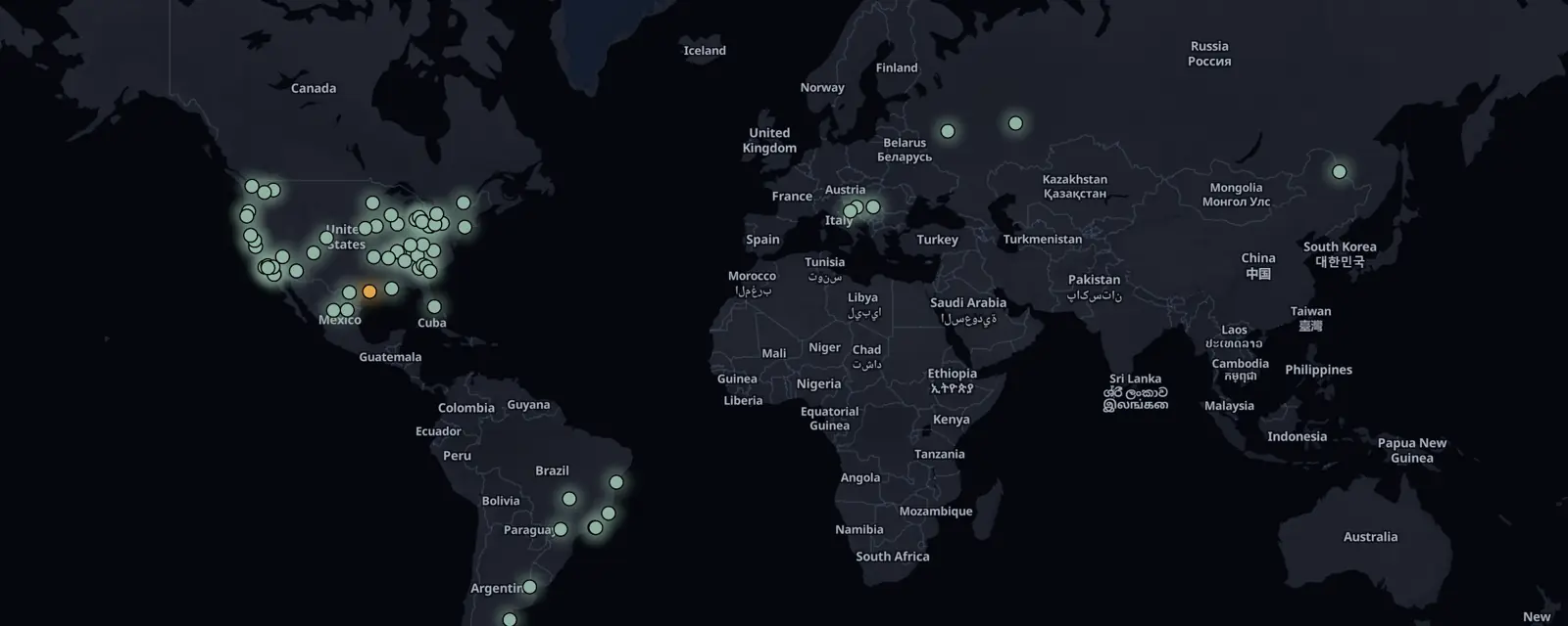Map of the 68 case files on this page, pinned by legal status